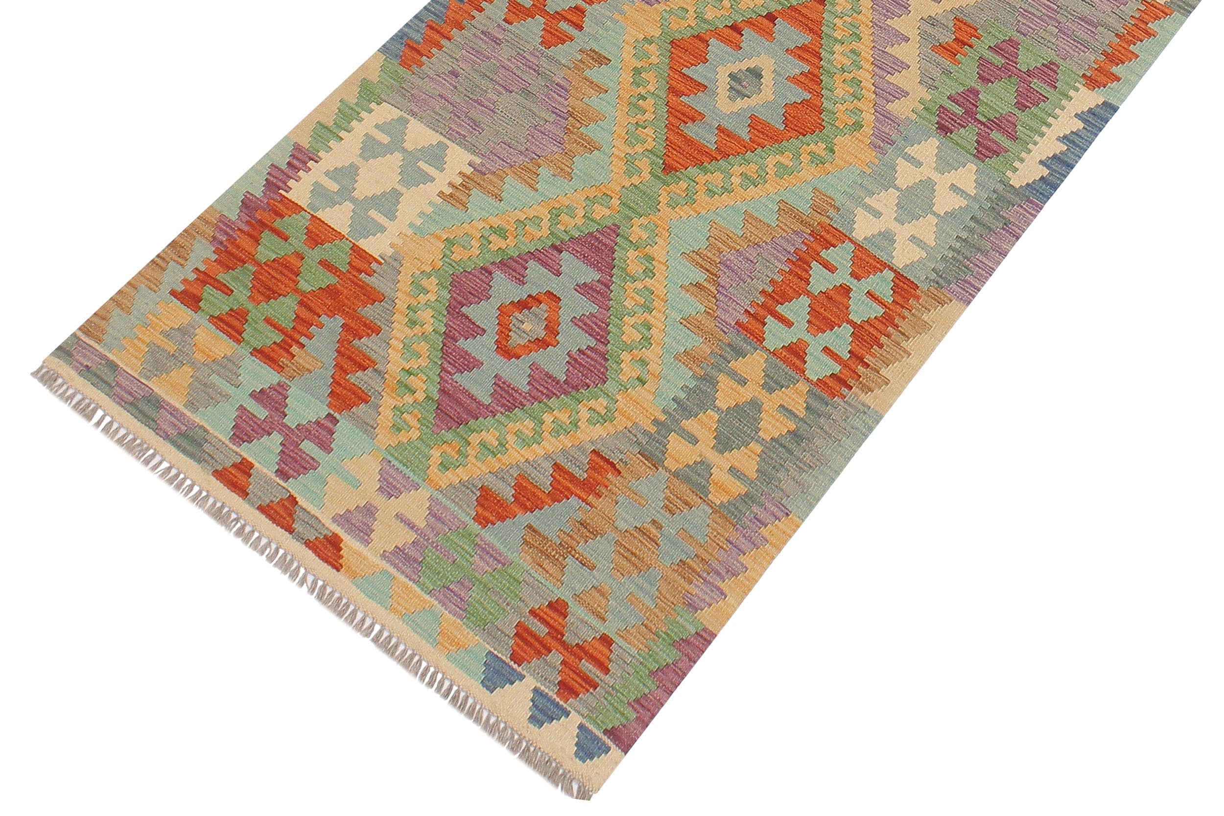 handmade Geometric Kilim Gold Blue Hand-Woven RUNNER 100% WOOL area rug 3' x 10'