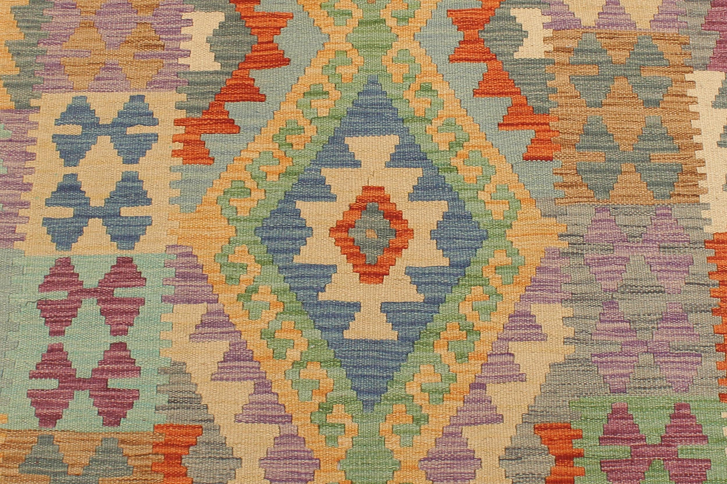 handmade Geometric Kilim Gold Blue Hand-Woven RUNNER 100% WOOL area rug 3' x 10'