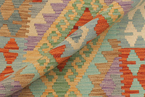 handmade Geometric Kilim Gold Blue Hand-Woven RUNNER 100% WOOL area rug 3' x 10'