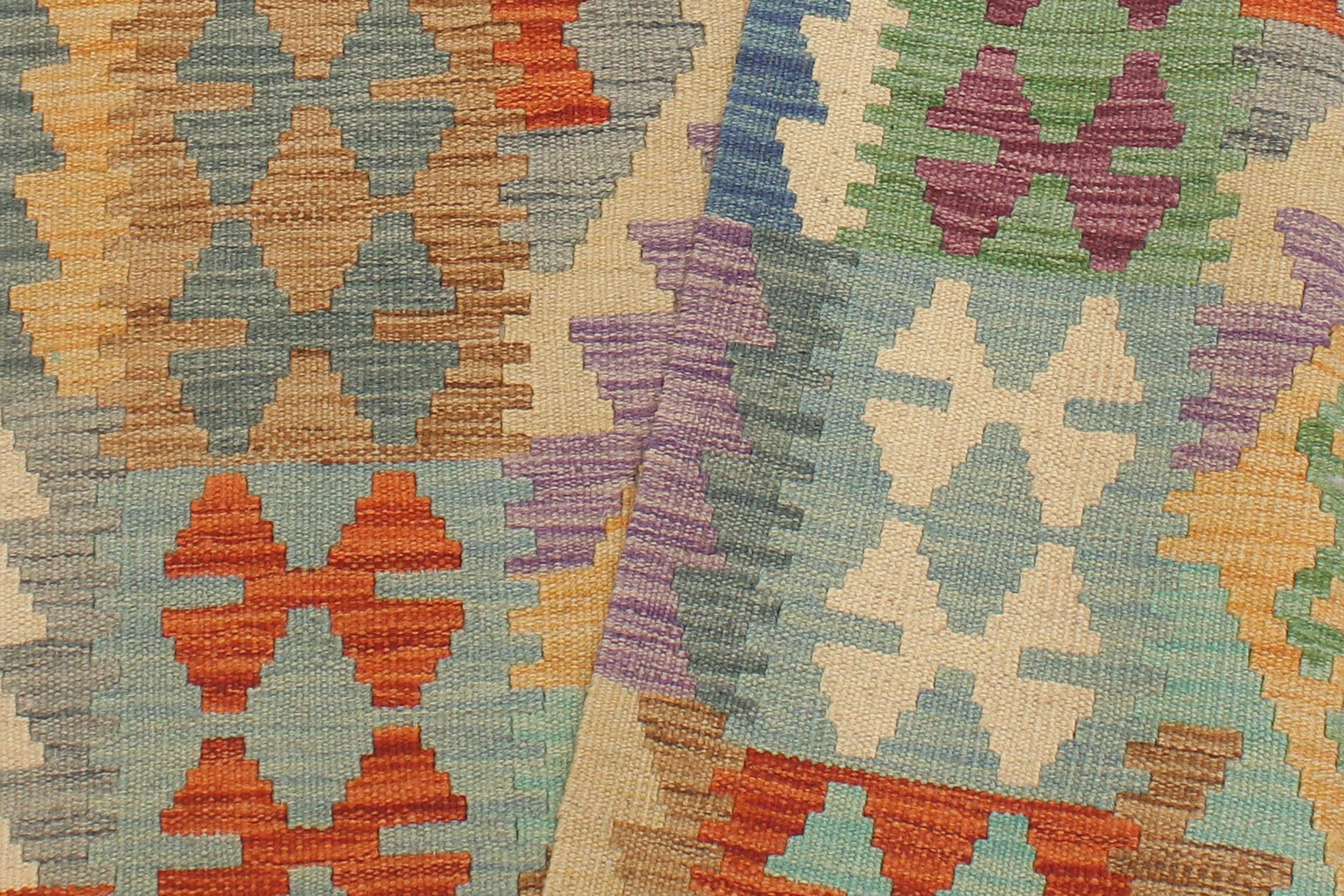 handmade Geometric Kilim Gold Blue Hand-Woven RUNNER 100% WOOL area rug 3' x 10'