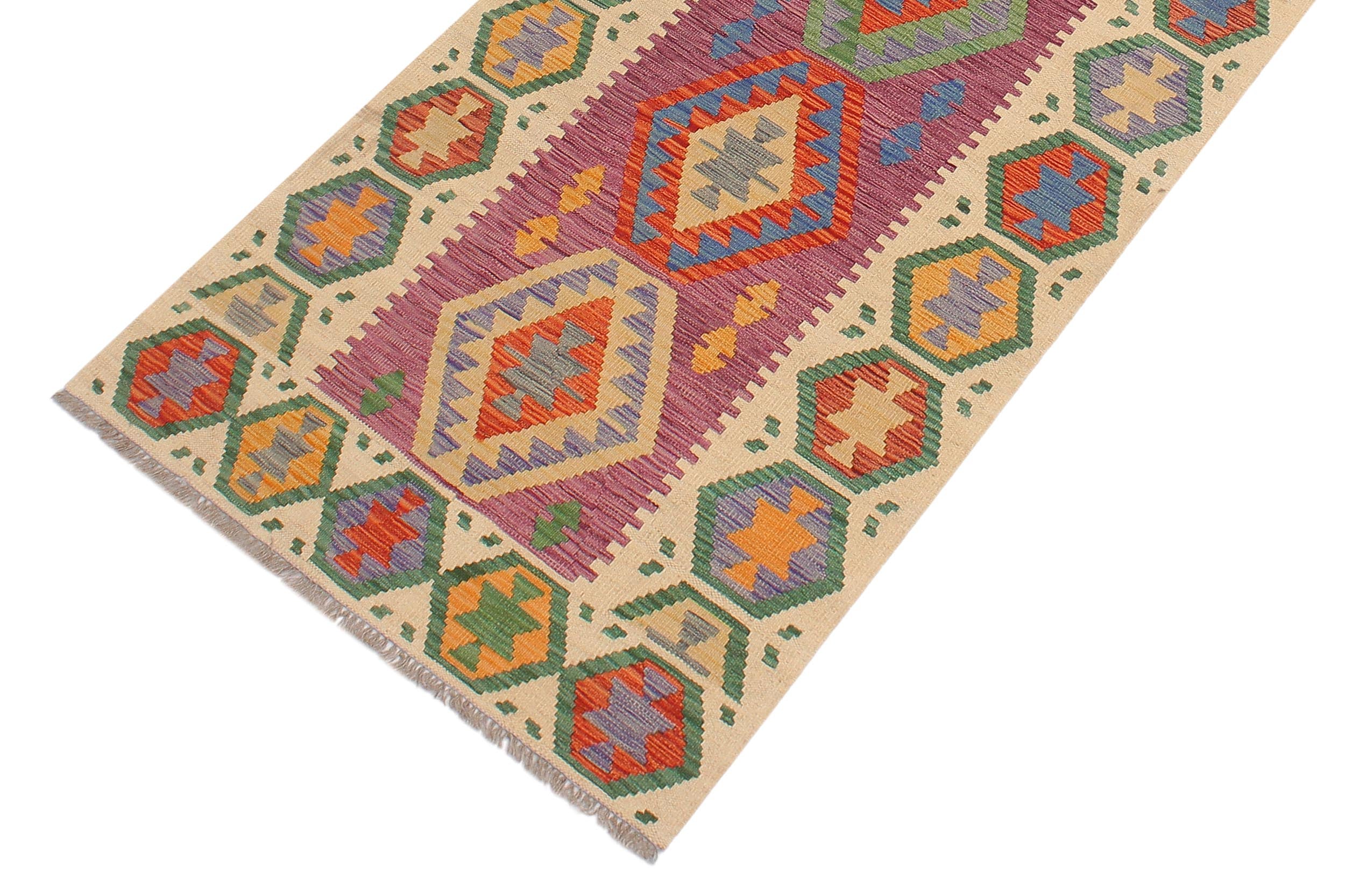 handmade Geometric Kilim Purple Beige Hand-Woven RUNNER 100% WOOL area rug 3' x 10'