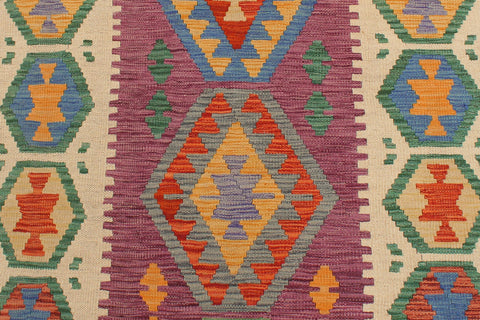 handmade Geometric Kilim Purple Beige Hand-Woven RUNNER 100% WOOL area rug 3' x 10'