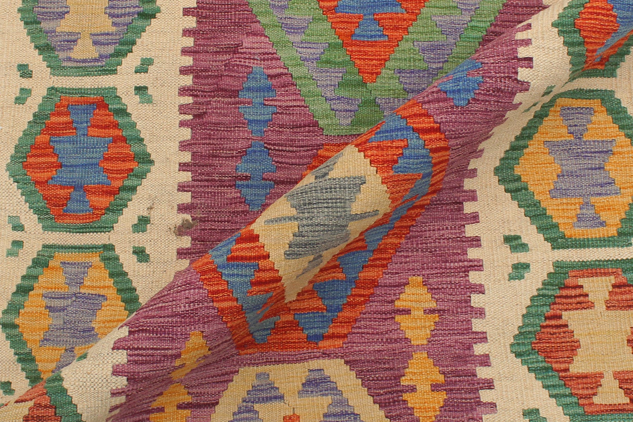 handmade Geometric Kilim Purple Beige Hand-Woven RUNNER 100% WOOL area rug 3' x 10'