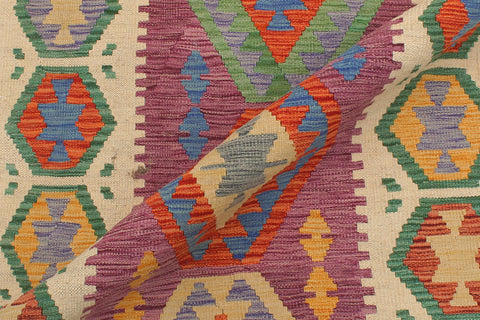 handmade Geometric Kilim Purple Beige Hand-Woven RUNNER 100% WOOL area rug 3' x 10'
