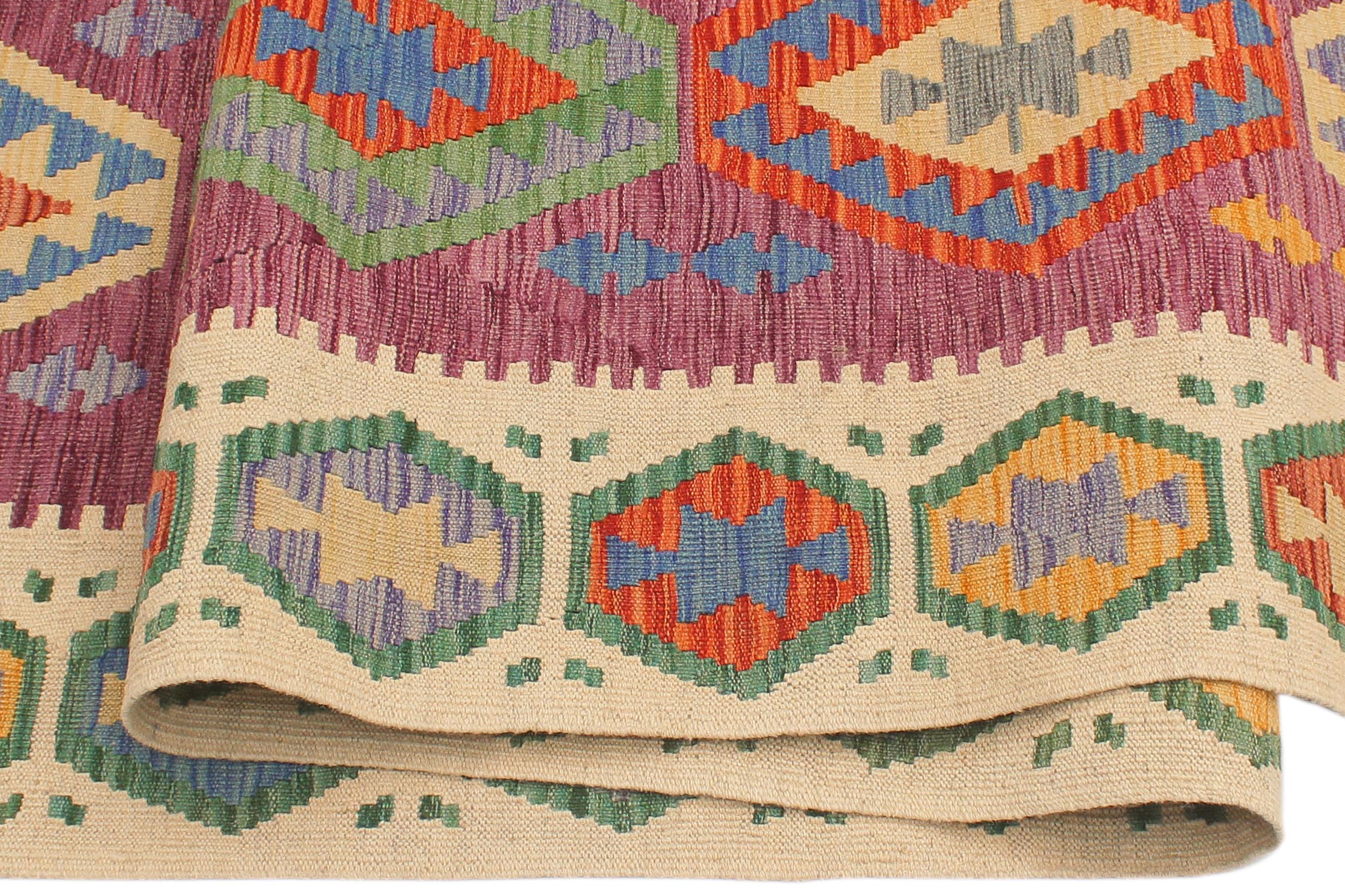 handmade Geometric Kilim Purple Beige Hand-Woven RUNNER 100% WOOL area rug 3' x 10'