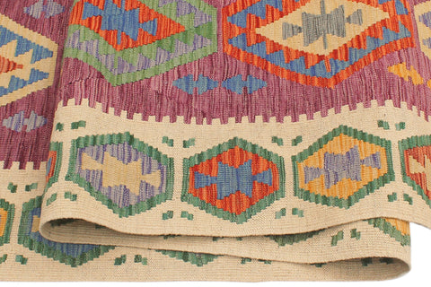 handmade Geometric Kilim Purple Beige Hand-Woven RUNNER 100% WOOL area rug 3' x 10'