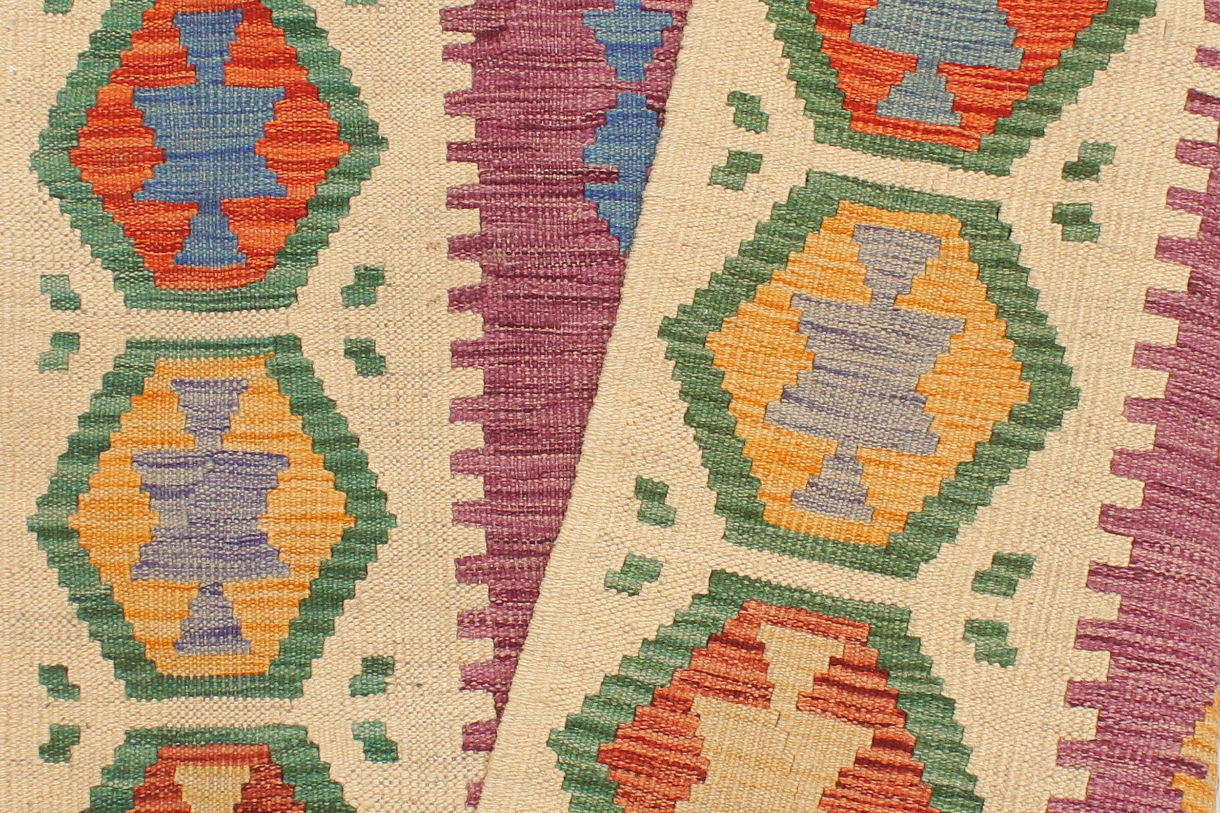 handmade Geometric Kilim Purple Beige Hand-Woven RUNNER 100% WOOL area rug 3' x 10'