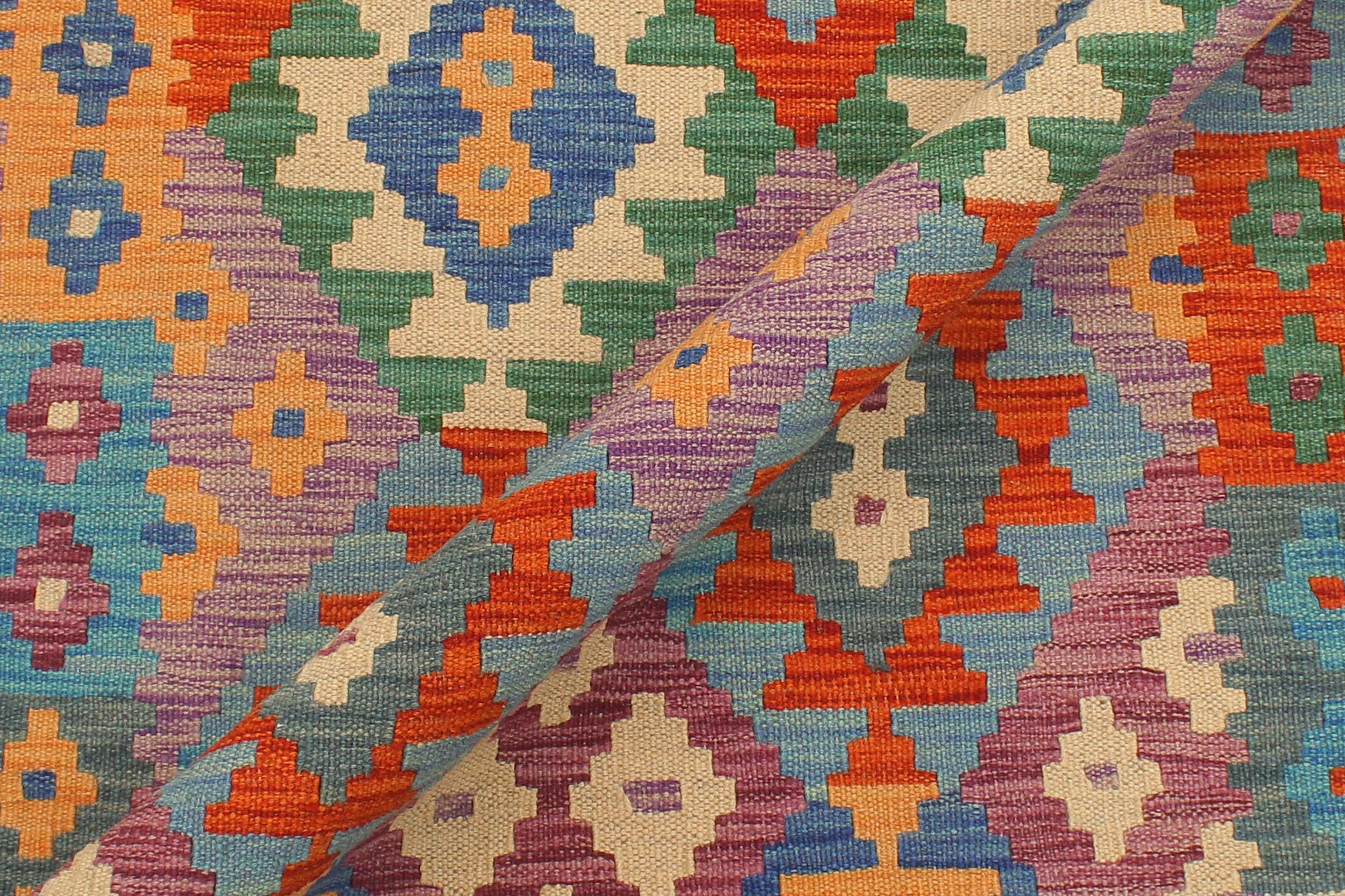 handmade Geometric Kilim Blue Rust Hand-Woven RUNNER 100% WOOL area rug 3 x 10