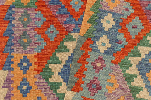 handmade Geometric Kilim Blue Rust Hand-Woven RUNNER 100% WOOL area rug 3 x 10