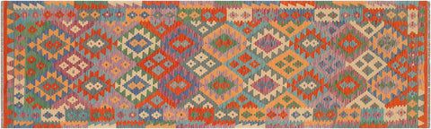 handmade Geometric Kilim Blue Rust Hand-Woven RUNNER 100% WOOL area rug 3 x 10