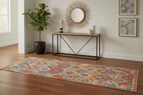 handmade Geometric Kilim Blue Rust Hand-Woven RUNNER 100% WOOL area rug 3 x 10
