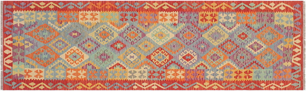 handmade Geometric Kilim Blue Rust Hand-Woven RUNNER 100% WOOL area rug 3 x 10