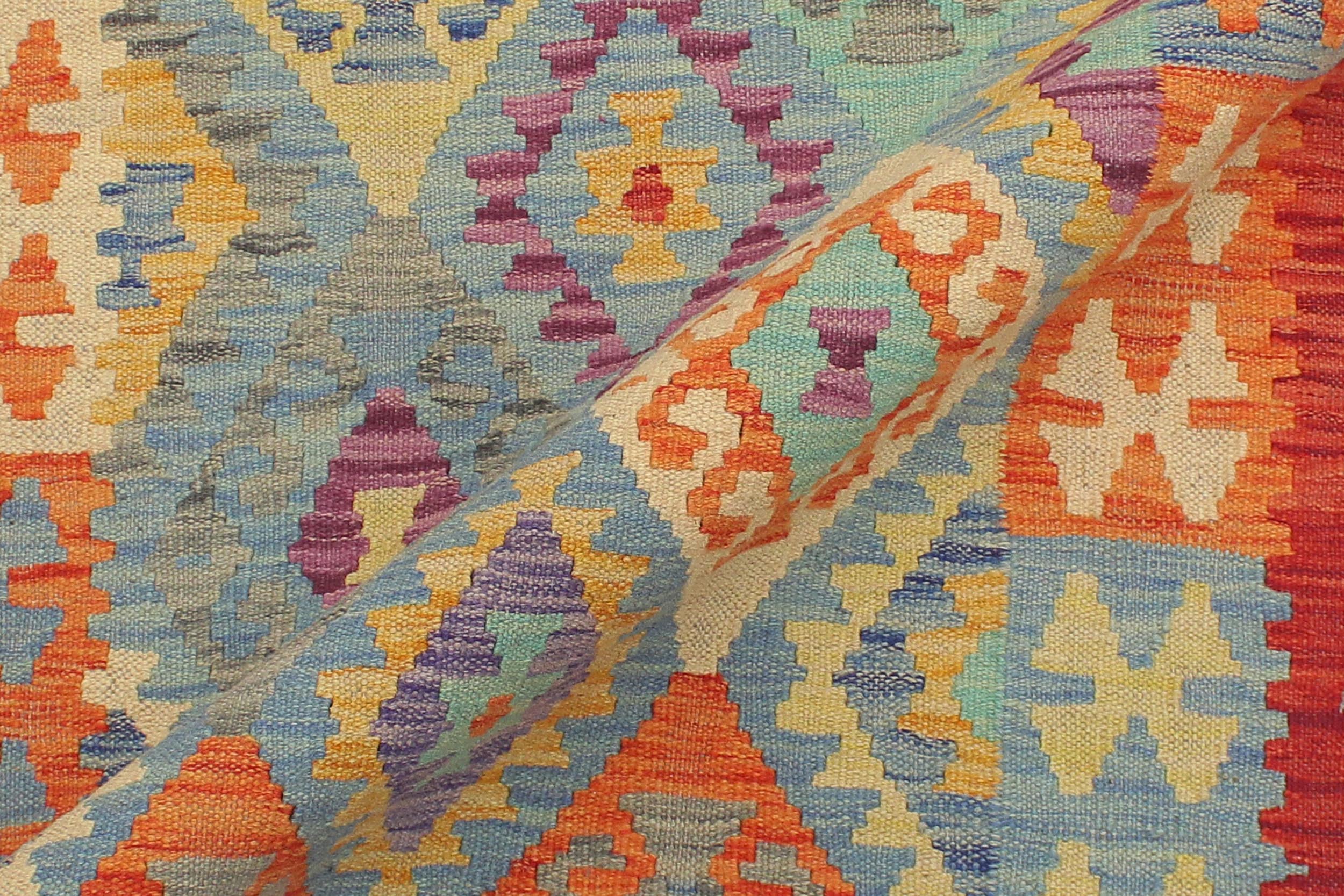 handmade Geometric Kilim Blue Rust Hand-Woven RUNNER 100% WOOL area rug 3 x 10