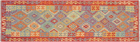 handmade Geometric Kilim Blue Rust Hand-Woven RUNNER 100% WOOL area rug 3 x 10