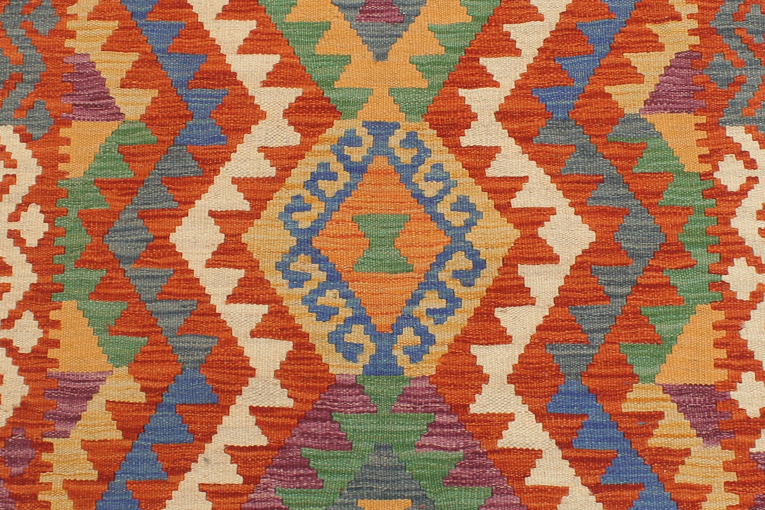 handmade Geometric Kilim Rust Blue Hand-Woven RUNNER 100% WOOL area rug 3' x 10'