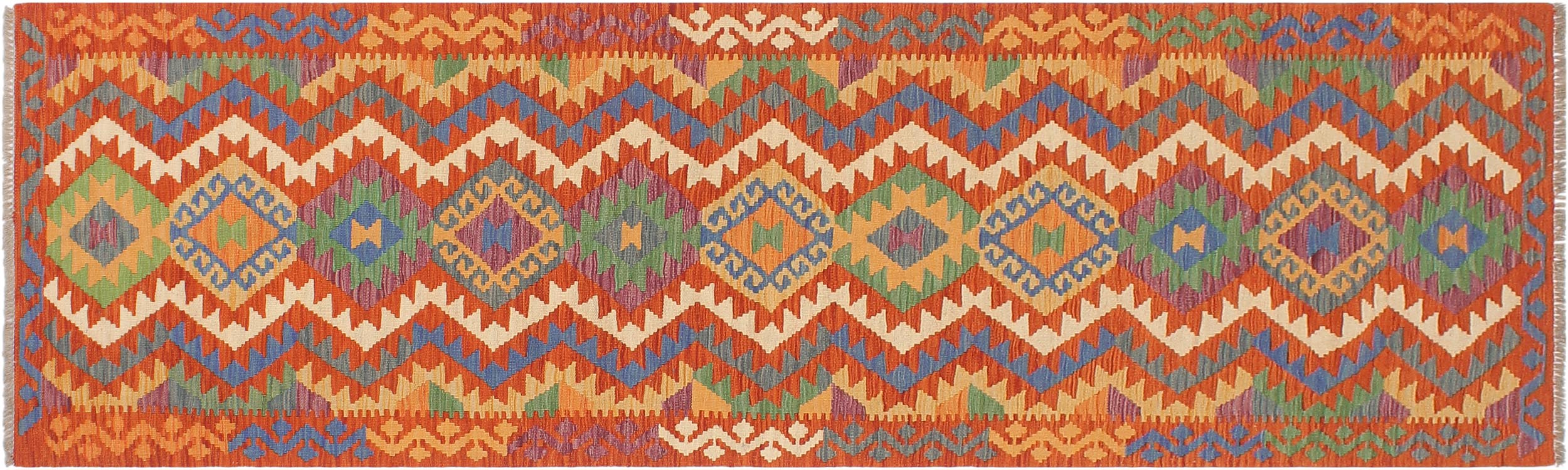 handmade Geometric Kilim Rust Blue Hand-Woven RUNNER 100% WOOL area rug 3' x 10'