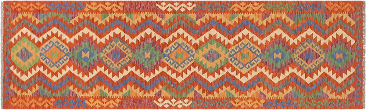 handmade Geometric Kilim Rust Blue Hand-Woven RUNNER 100% WOOL area rug 3' x 10'
