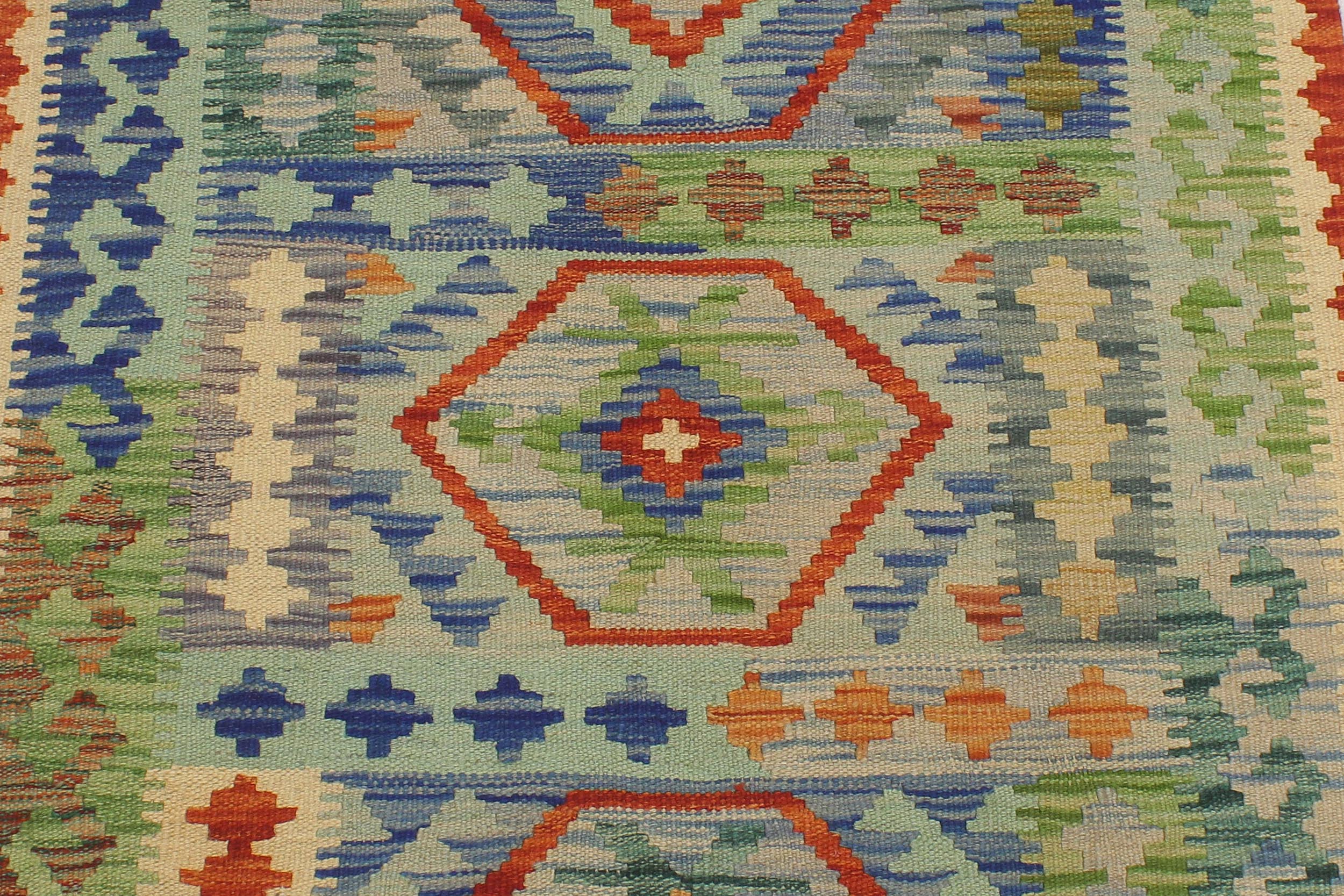 handmade Geometric Kilim Blue Rust Hand-Woven RUNNER 100% WOOL area rug 3' x 10'