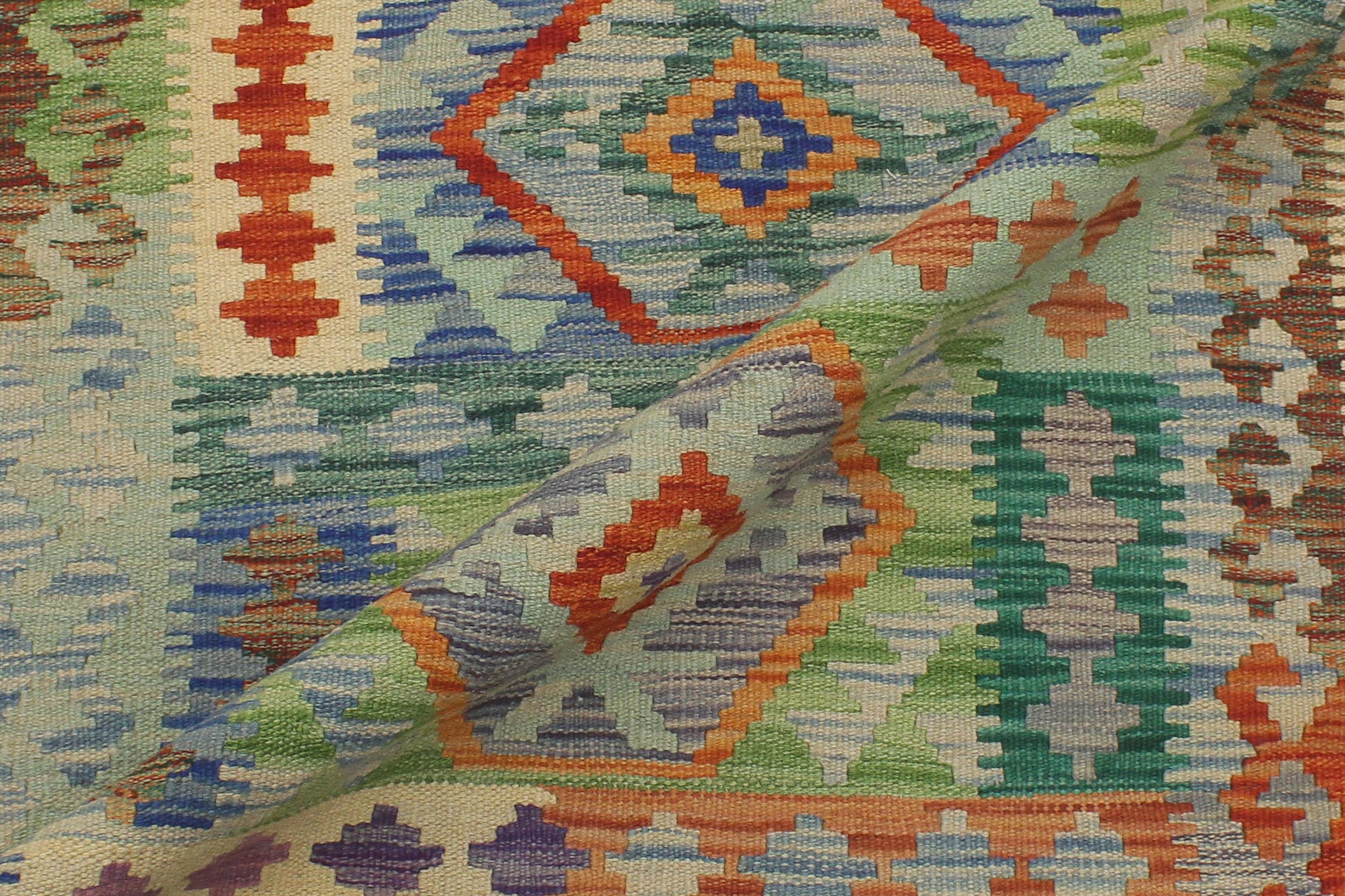 handmade Geometric Kilim Blue Rust Hand-Woven RUNNER 100% WOOL area rug 3' x 10'