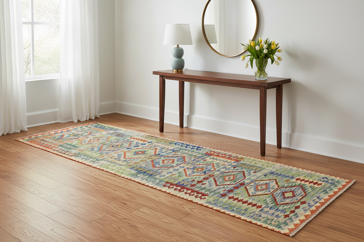 handmade Geometric Kilim Blue Rust Hand-Woven RUNNER 100% WOOL area rug 3' x 10'