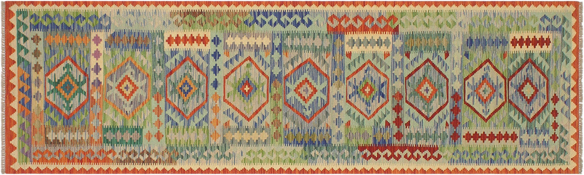 handmade Geometric Kilim Blue Rust Hand-Woven RUNNER 100% WOOL area rug 3' x 10'