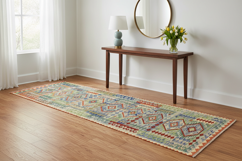 handmade Geometric Kilim Blue Rust Hand-Woven RUNNER 100% WOOL area rug 3' x 10'
