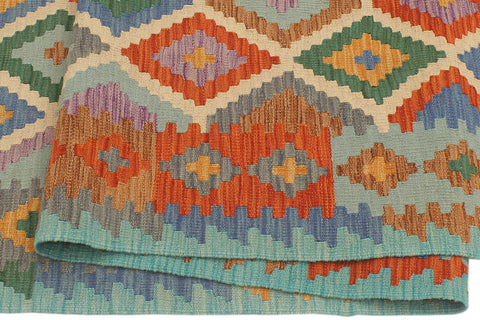 handmade Modern Kilim Beige Blue Hand-Woven RUNNER 100% WOOL area rug 3x10