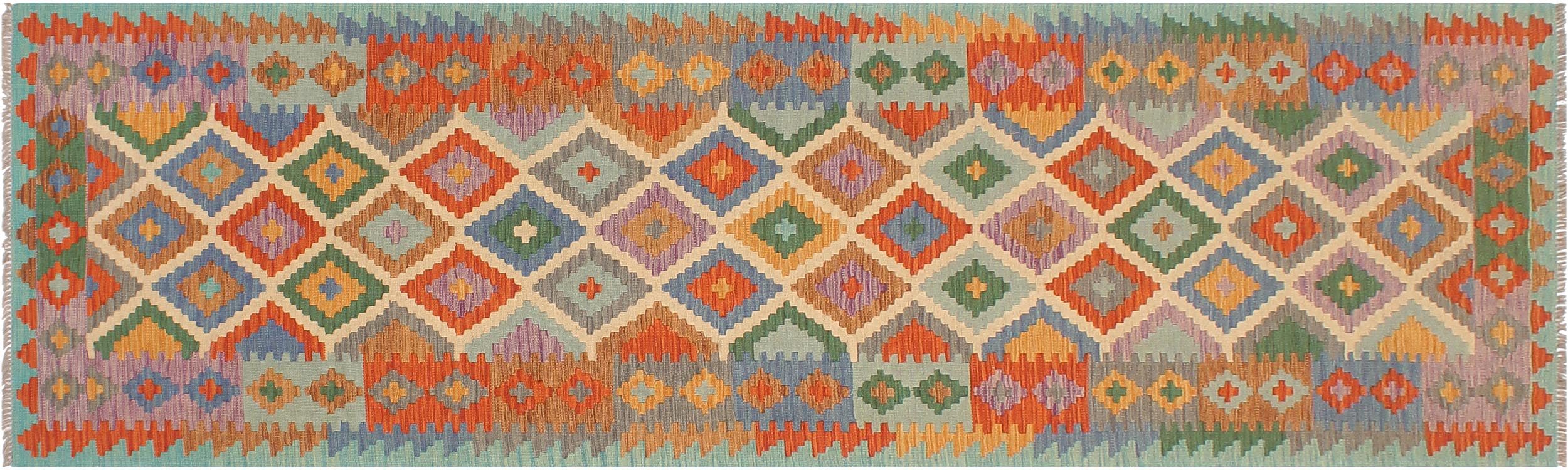 handmade Modern Kilim Beige Blue Hand-Woven RUNNER 100% WOOL area rug 3x10