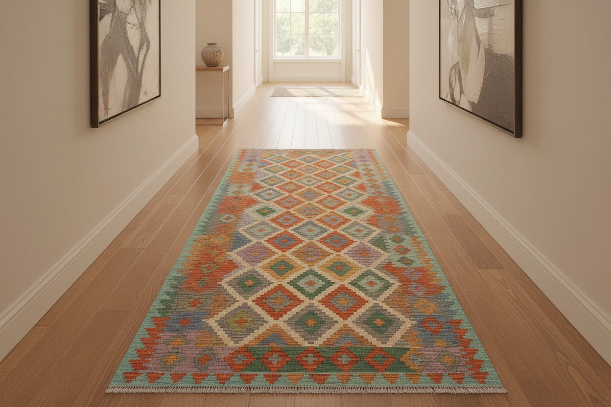 handmade Modern Kilim Beige Blue Hand-Woven RUNNER 100% WOOL area rug 3x10