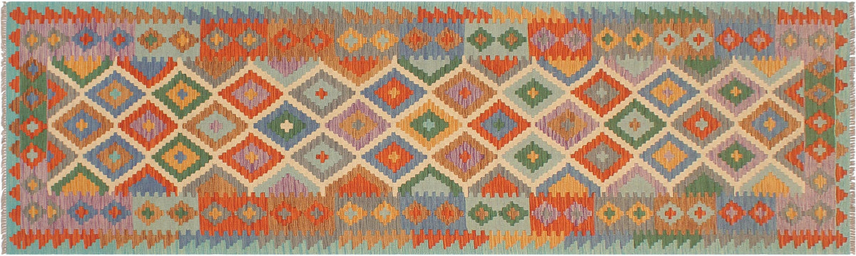 handmade Modern Kilim Beige Blue Hand-Woven RUNNER 100% WOOL area rug 3x10