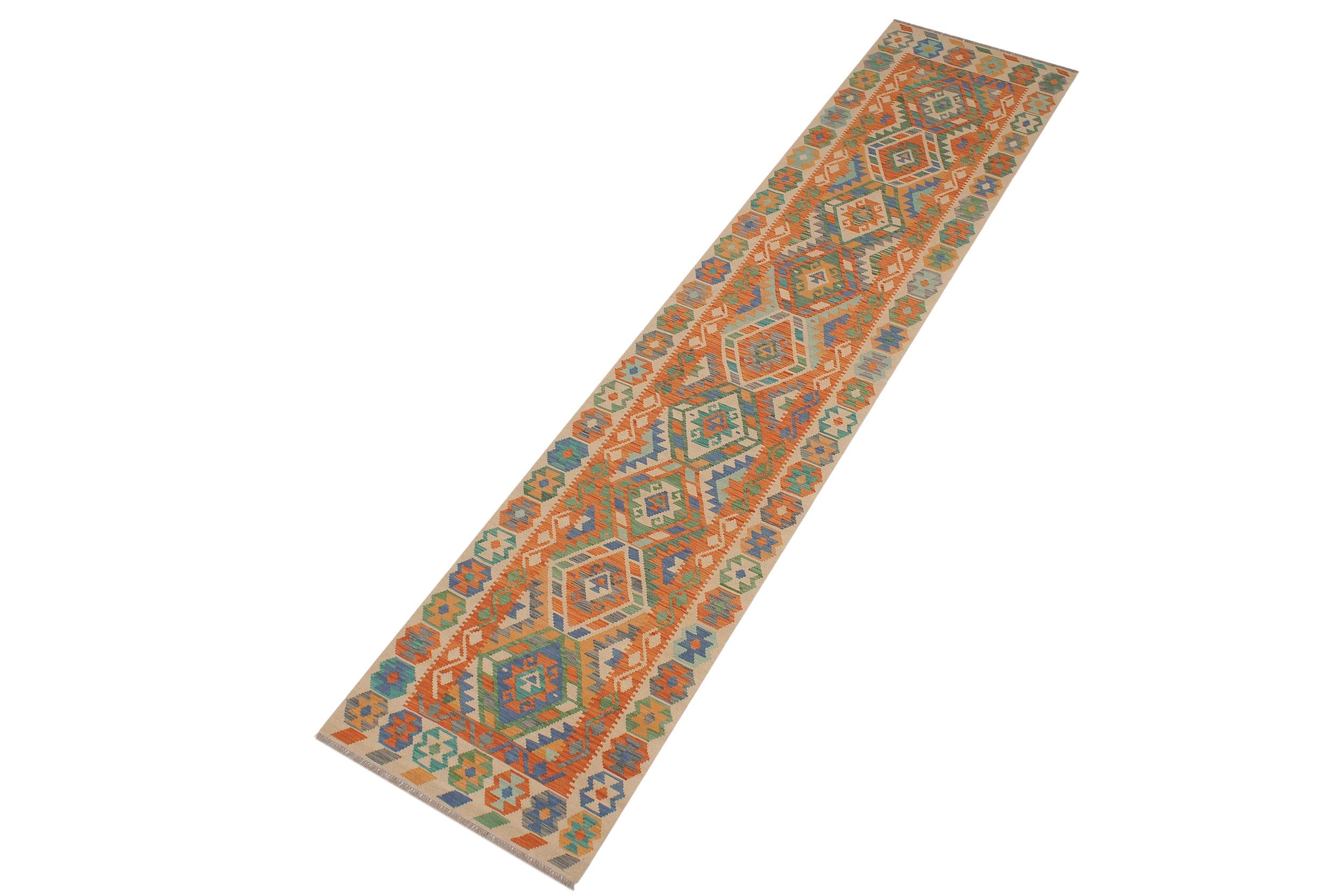 handmade Geometric Kilim Blue Beige Hand-Woven RUNNER 100% WOOL area rug 3' x 13'