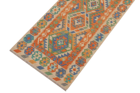 handmade Geometric Kilim Blue Beige Hand-Woven RUNNER 100% WOOL area rug 3' x 13'