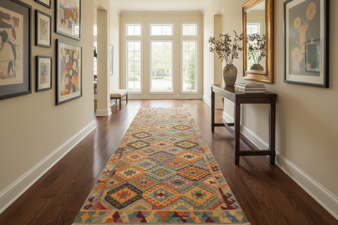 handmade Geometric Kilim Blue Rust Hand-Woven RUNNER 100% WOOL area rug 3 x 10