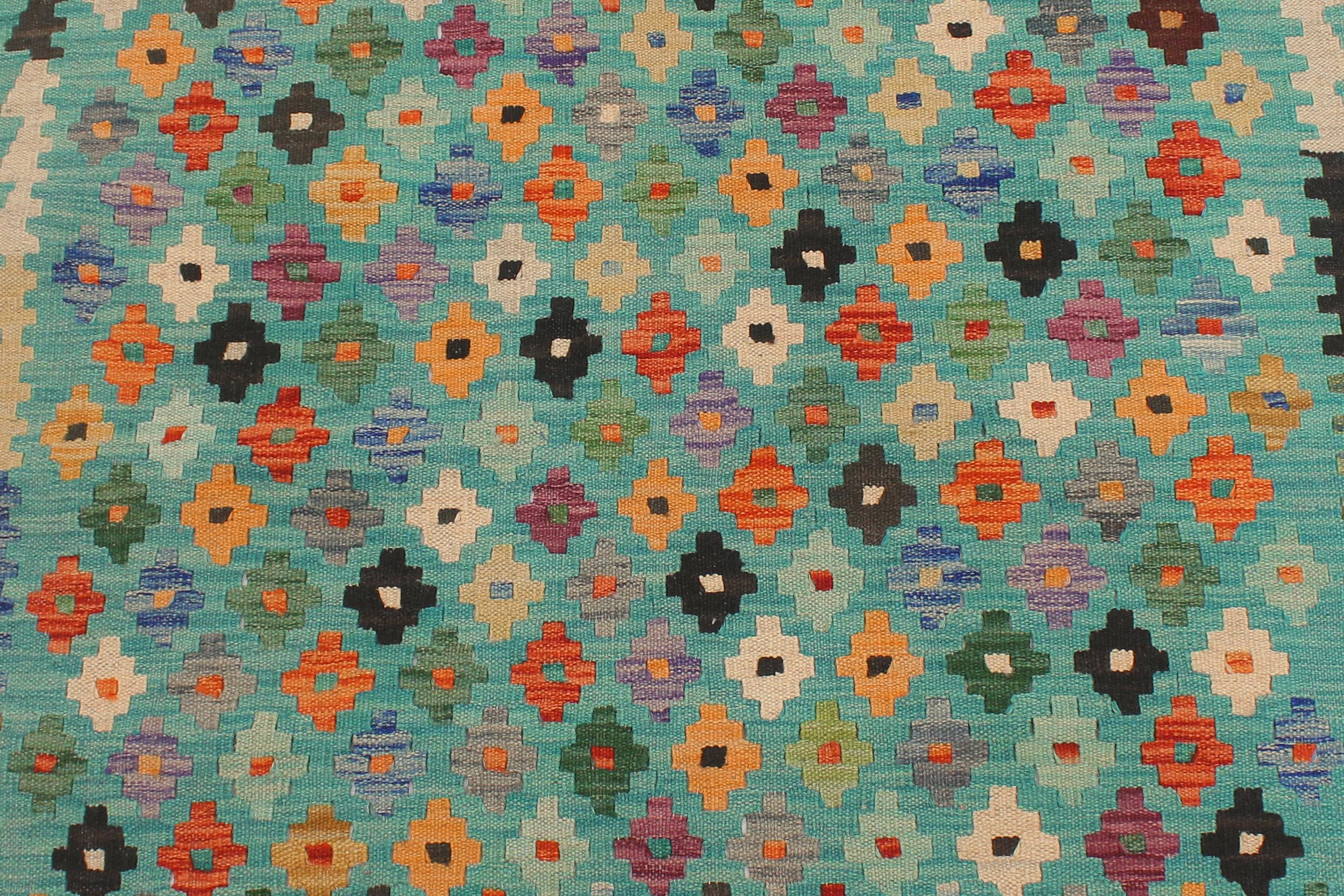 handmade Modern Kilim Blue Rust Hand-Woven RUNNER 100% WOOL area rug 3x10