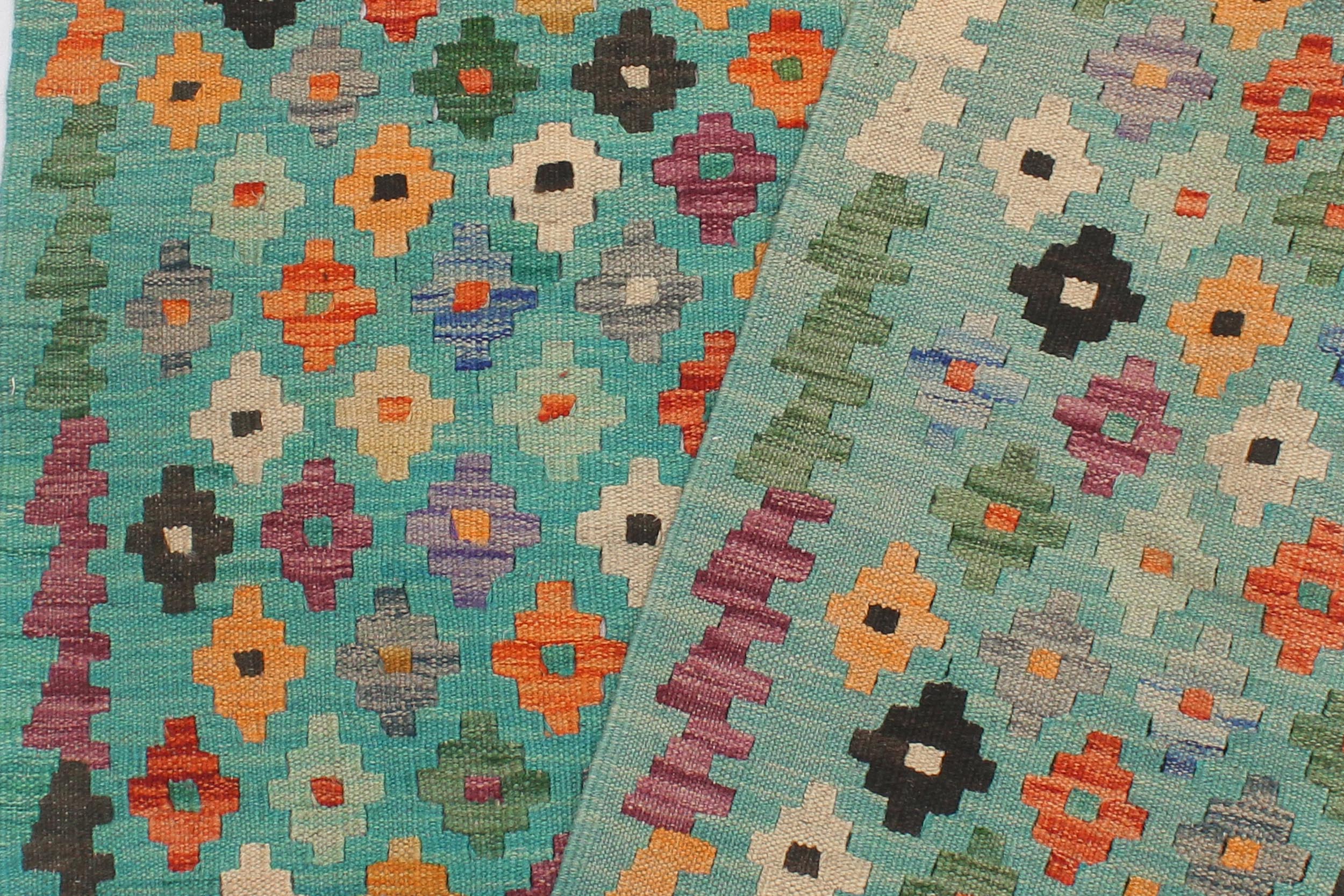 handmade Modern Kilim Blue Rust Hand-Woven RUNNER 100% WOOL area rug 3x10