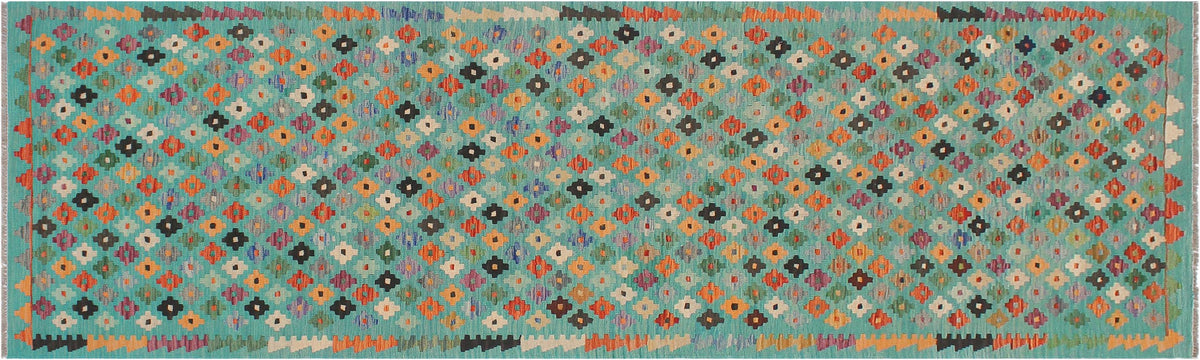 handmade Modern Kilim Blue Rust Hand-Woven RUNNER 100% WOOL area rug 3x10