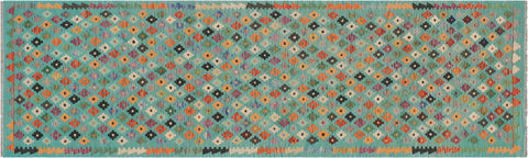 handmade Modern Kilim Blue Rust Hand-Woven RUNNER 100% WOOL area rug 3x10