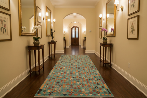 Turkish Eclectic Antione Blue/Rust Hand-Woven Kilim Runner - 2'11'' x 9'7''