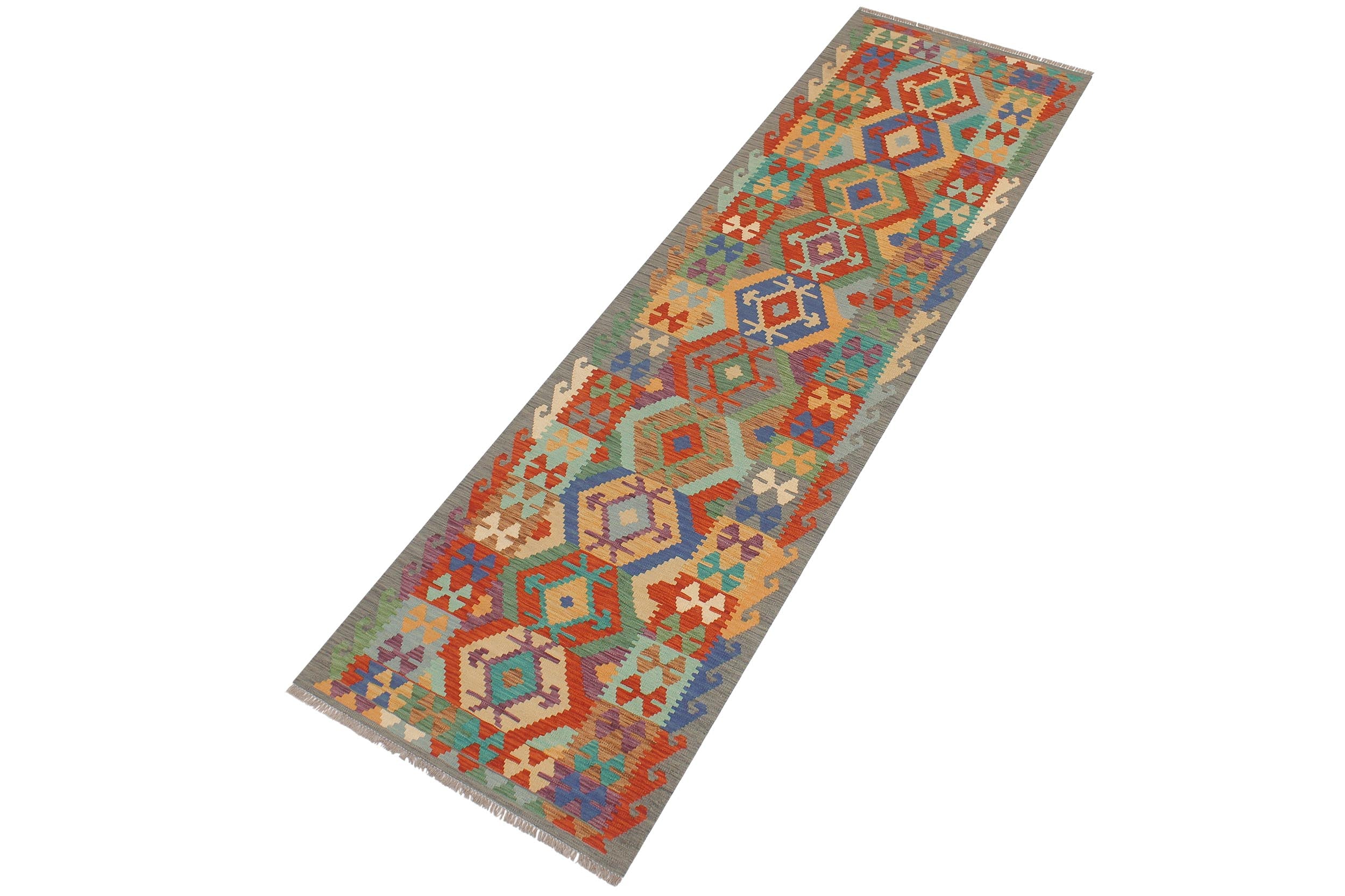 handmade Geometric Kilim Rust Gray Hand-Woven RUNNER 100% WOOL area rug 3' x 10'