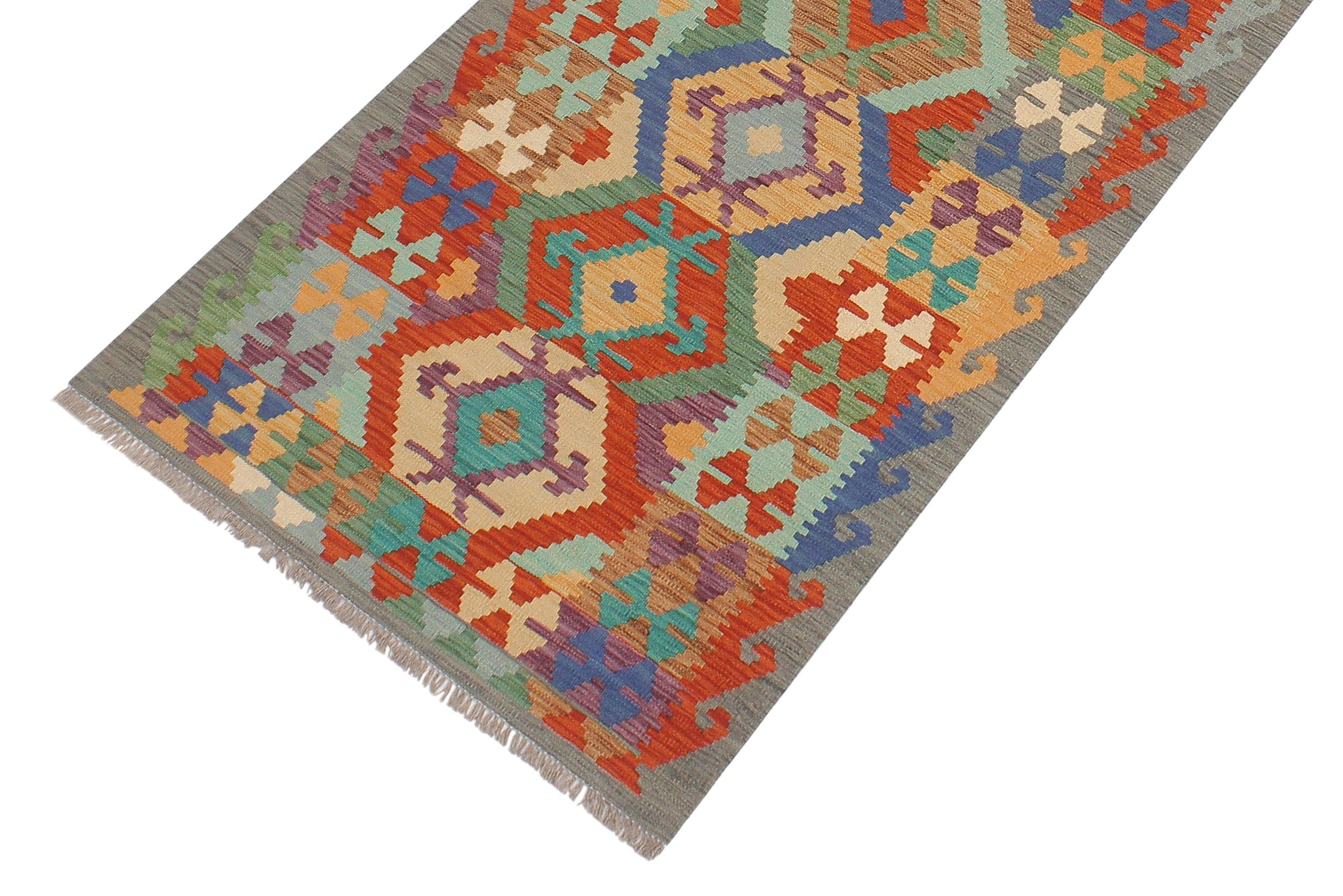 handmade Geometric Kilim Rust Gray Hand-Woven RUNNER 100% WOOL area rug 3' x 10'