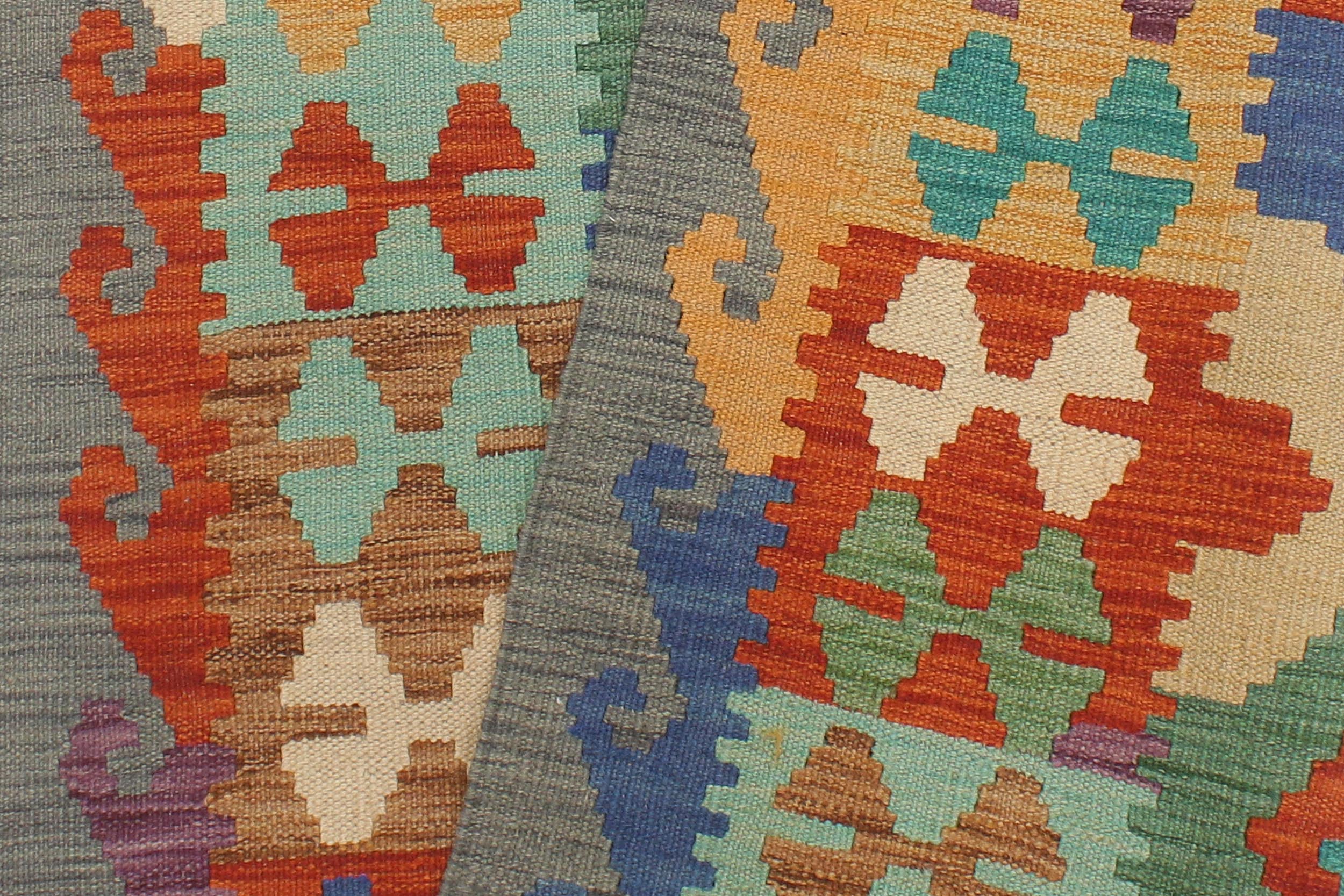 handmade Geometric Kilim Rust Gray Hand-Woven RUNNER 100% WOOL area rug 3' x 10'