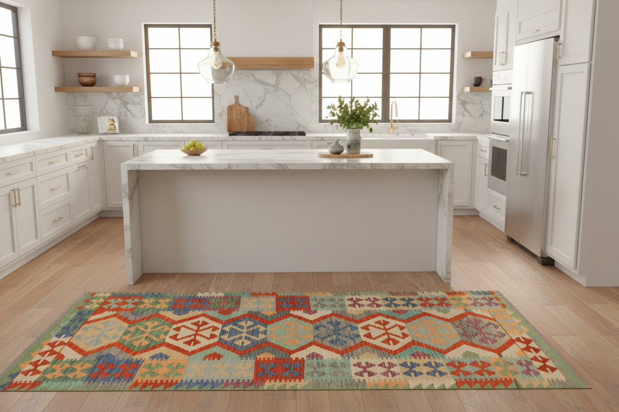 handmade Geometric Kilim Gray Green Hand-Woven RUNNER 100% WOOL area rug 3' x 10'