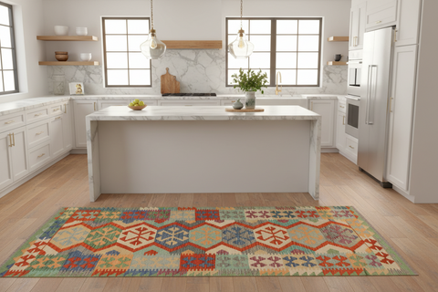 handmade Geometric Kilim Gray Green Hand-Woven RUNNER 100% WOOL area rug 3' x 10'