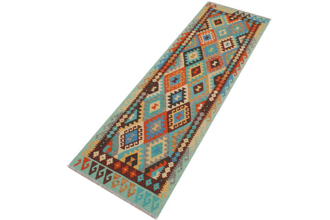 handmade Geometric Kilim Blue Rust Hand-Woven RUNNER 100% WOOL area rug 3 x 9
