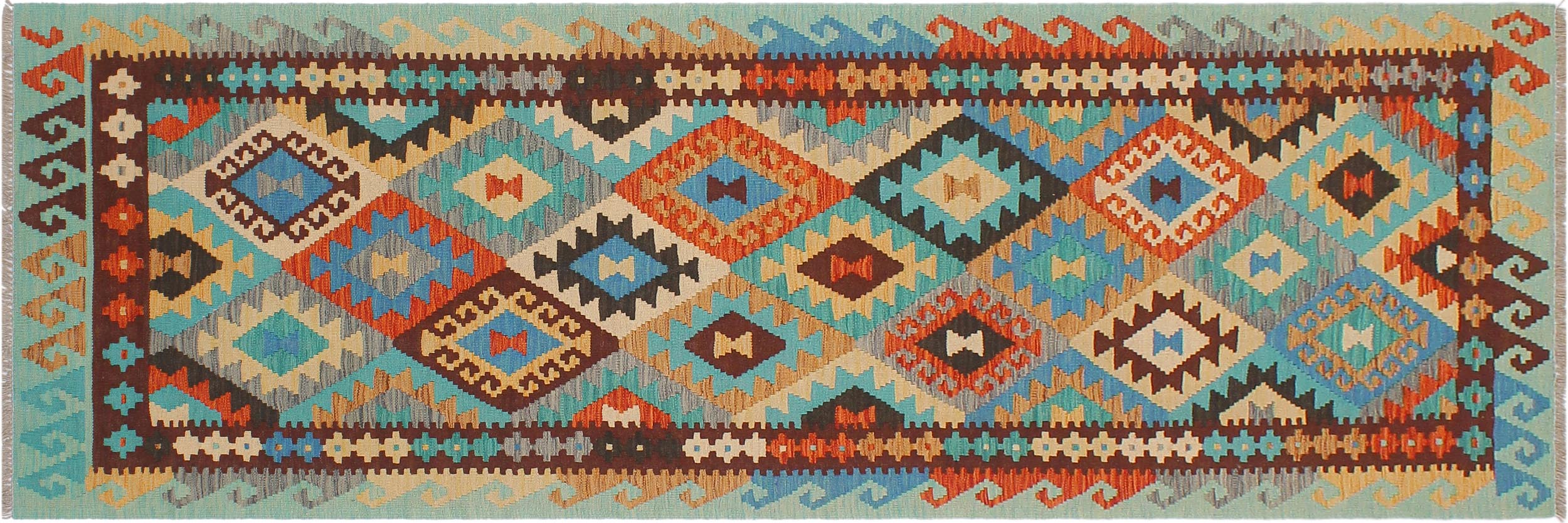 handmade Geometric Kilim Blue Rust Hand-Woven RUNNER 100% WOOL area rug 3 x 9