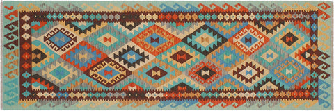 handmade Geometric Kilim Blue Rust Hand-Woven RUNNER 100% WOOL area rug 3 x 9