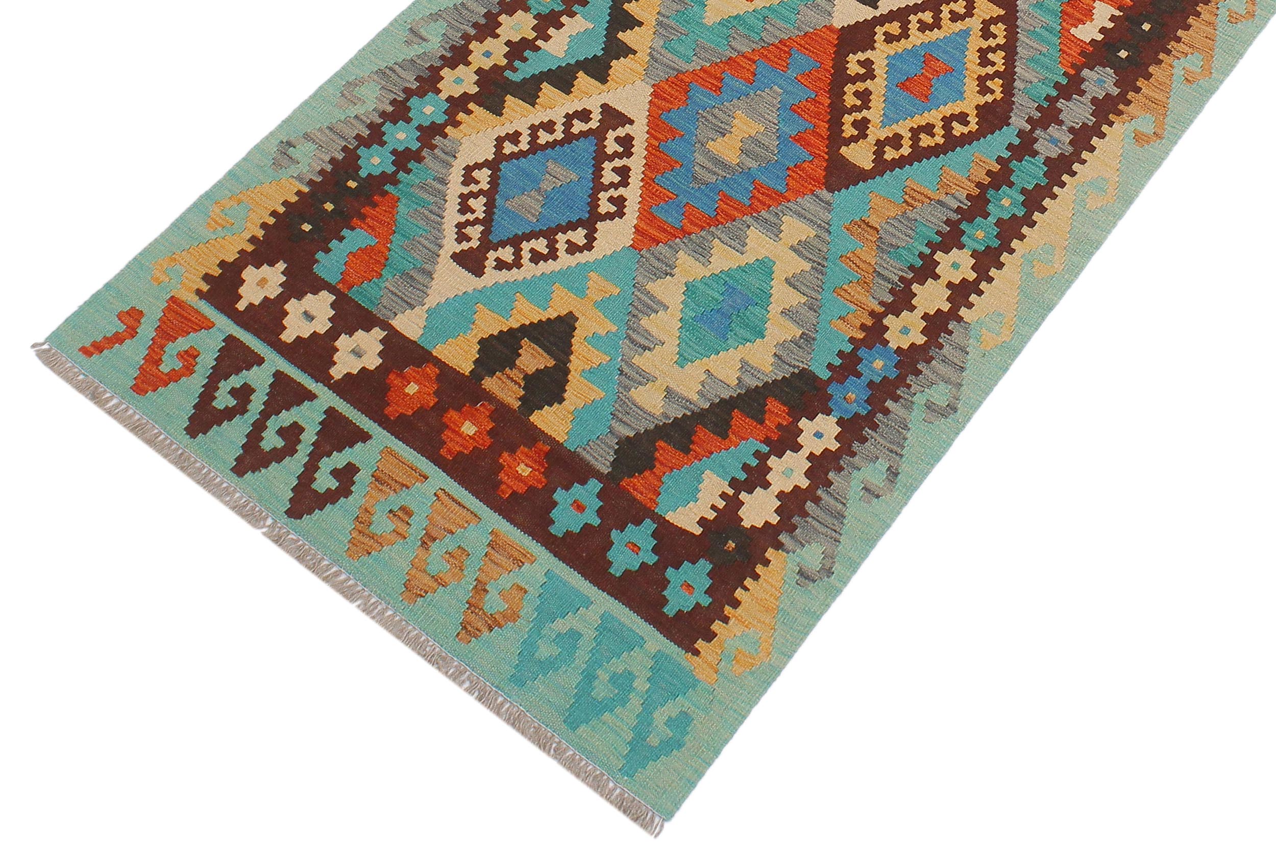 handmade Geometric Kilim Blue Rust Hand-Woven RUNNER 100% WOOL area rug 3 x 9