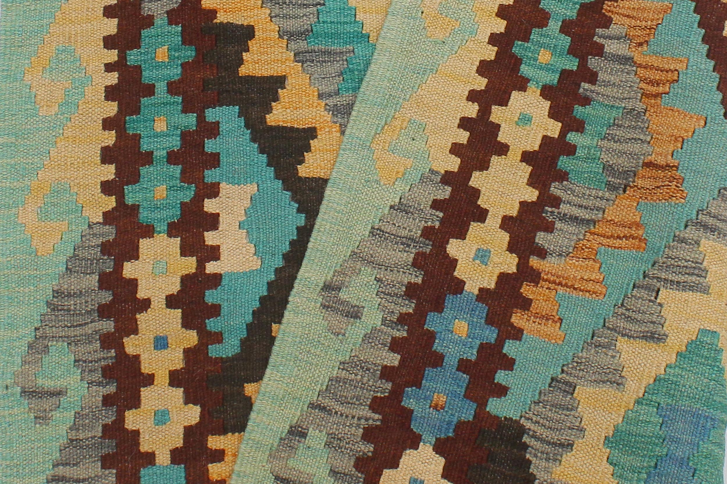 handmade Geometric Kilim Blue Rust Hand-Woven RUNNER 100% WOOL area rug 3 x 9