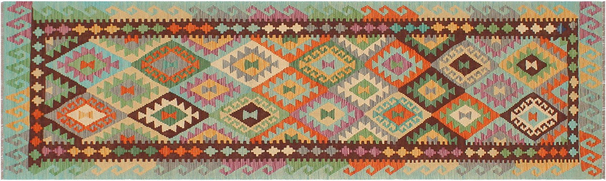 handmade Geometric Kilim Blue Rust Hand-Woven RUNNER 100% WOOL area rug 3 x 10