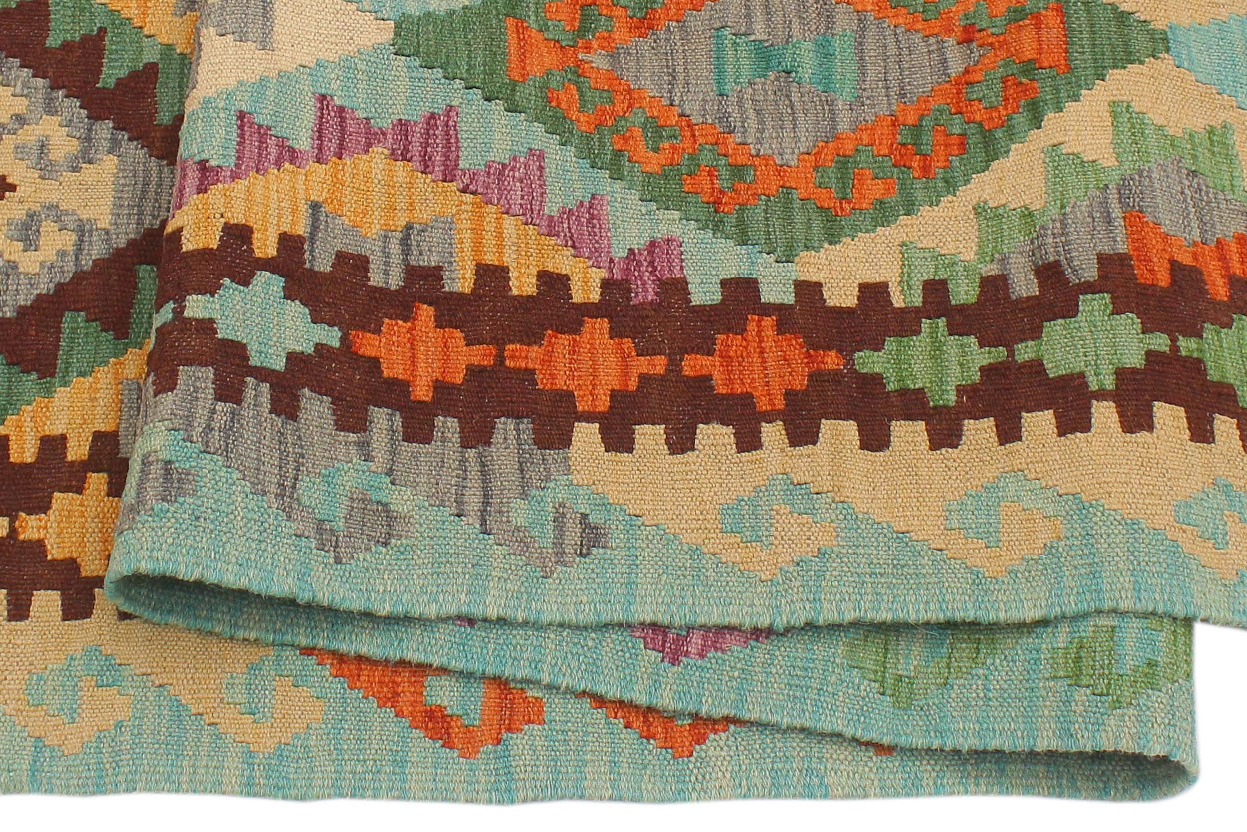 handmade Geometric Kilim Blue Rust Hand-Woven RUNNER 100% WOOL area rug 3 x 10